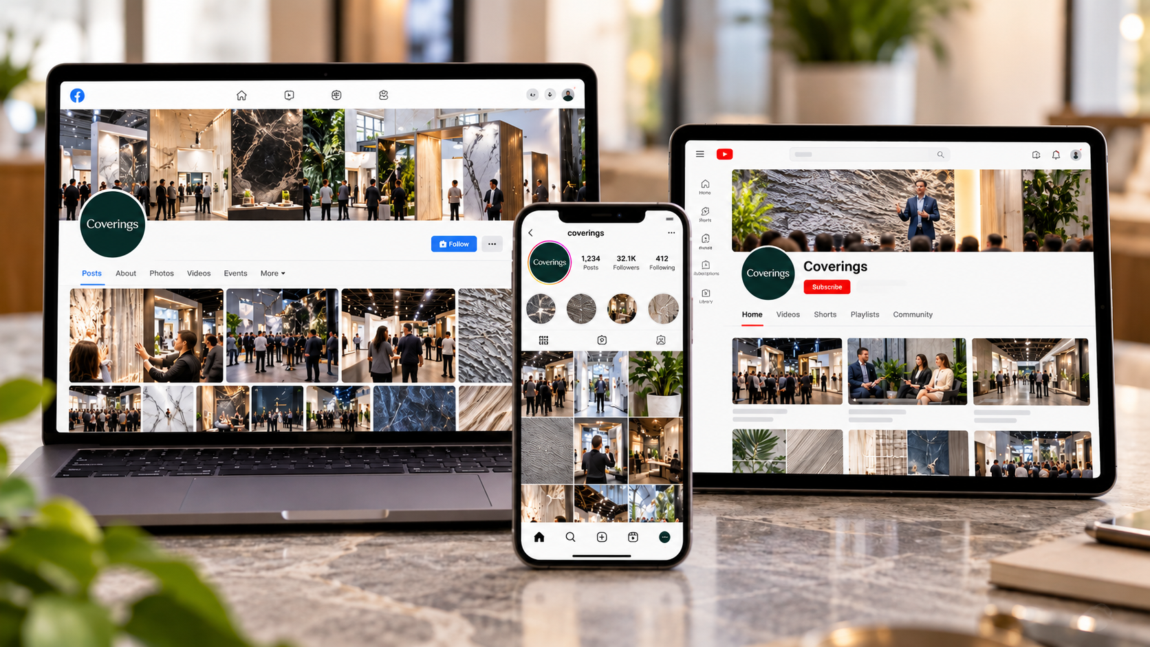 Coverings social media profiles displayed on desktop, tablet, and mobile devices