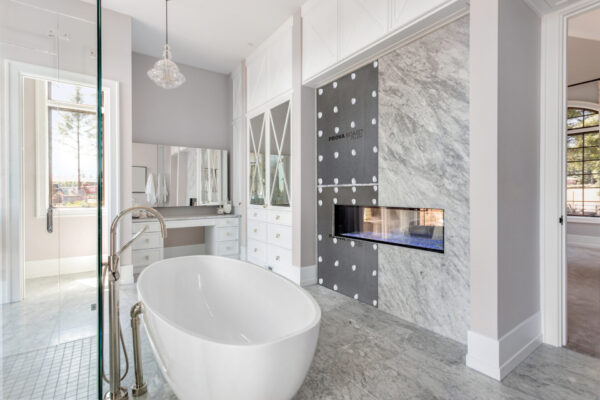 Luxurious Master Bathroom in New Home with Fireplace and Large B PROVA Tile Installation Products by M-D PRO - PROVA BOARD PLUS - Tile Council of North America